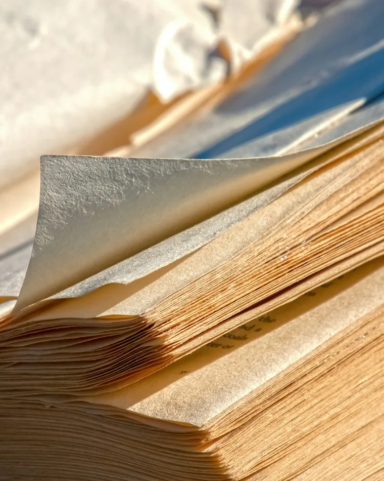 Pila de hojas de papel antiguo con bordes amarilleados y manchas de envejecimiento